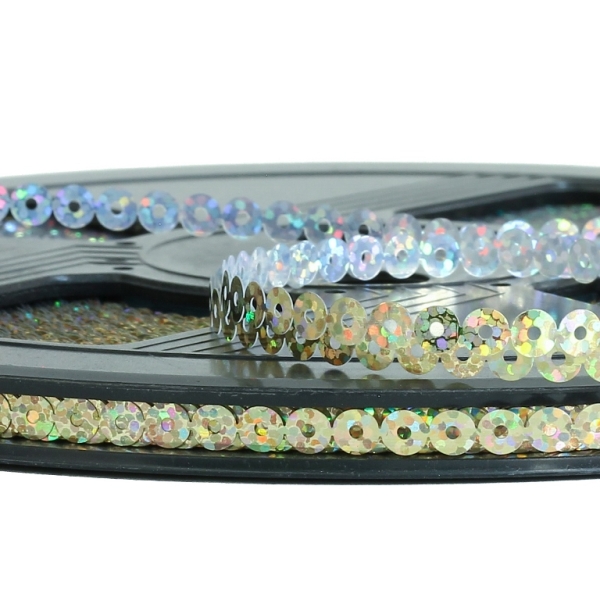 SEQUIN RIBBON - CIRCLE 01 FLAT - HOLOGRAPHIC - 5mm GOLD 069 - ROLL 70meters Hole-1.0mm