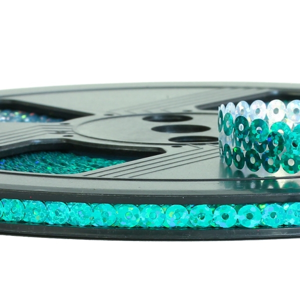 SEQUIN RIBBON - CIRCLE 01 FLAT - HOLOGRAPHIC - 5mm TURQUOISE GREEN 089 - ROLL 70meters Hole-1.0mm