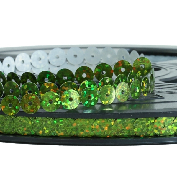 SEQUIN RIBBON - CIRCLE 01 FLAT - HOLOGRAPHIC - 7mm GREEN 076 - ROLL 70meters Hole-1.0mm