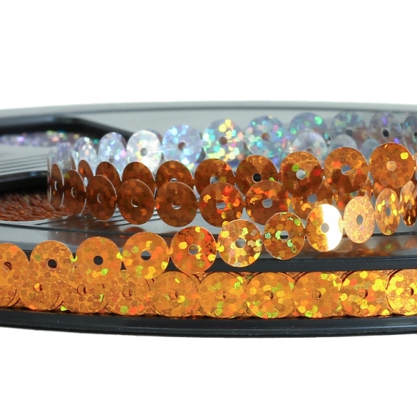 SEQUIN RIBBON - CIRCLE 01 FLAT - HOLOGRAPHIC - 7mm ORANGE (DARK) 071 - ROLL 70meters Hole-1.0mm