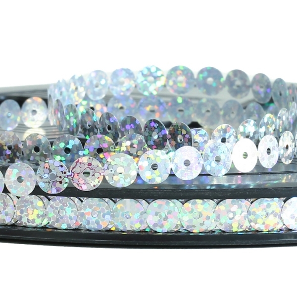 SEQUIN RIBBON - CIRCLE 01 FLAT - HOLOGRAPHIC - 7mm SILVER 066 - ROLL 70meters Hole-1.0mm