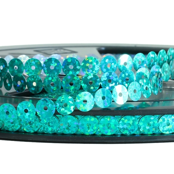 SEQUIN RIBBON - CIRCLE 01 FLAT - HOLOGRAPHIC - 7mm TURQUOISE GREEN 089 - ROLL 70meters Hole-1.0mm