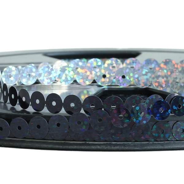 SEQUIN RIBBON - CIRCLE 01 FLAT - HOLOGRAPHIC - 7mm BLACK 092 - ROLL 70meters Hole-1.0mm