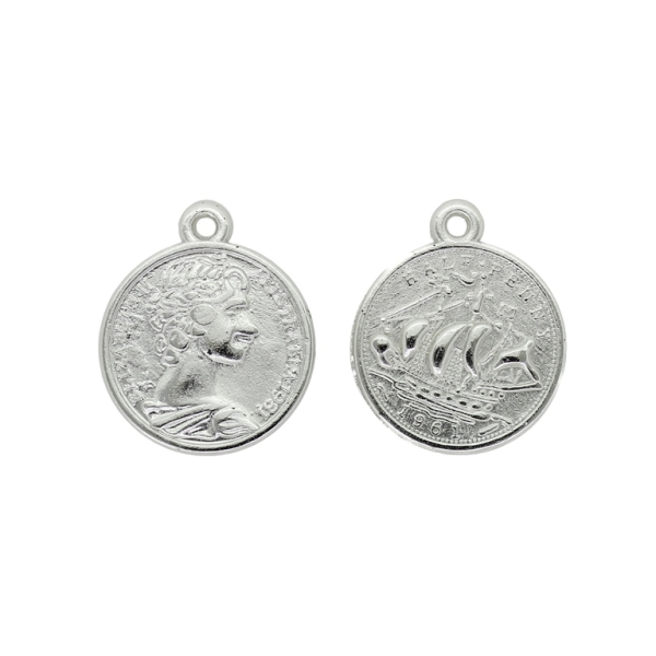 METAL PLATED PLASTIC / CCB BEADS - COIN WITH RING - MODEL 07 - 20mm - SILVER - PACKAGE 500g (685pcs.) Hole-2.0mm