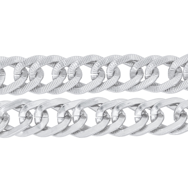 METAL CHAIN - ALUMINUM - DOUBLE LINK FLAT ONE SIDE STRIPED CURB - 2x11x15mm SILVER - 1meter