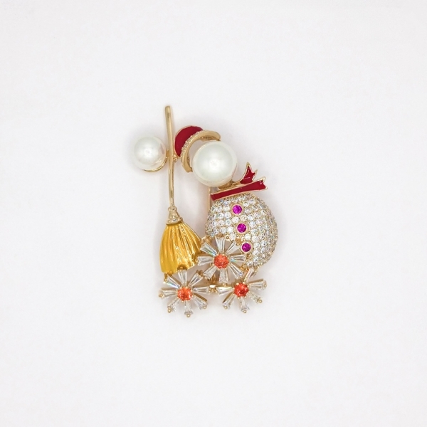 JEWELRY - BROOCH - ZIRCON - SNOWMAN В113 - 2.6x4.8cm GOLD (LIGHT) AND ORANGE - 1pc.