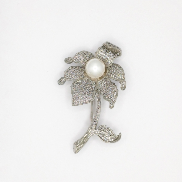 JEWELRY - BROOCH - ZIRCON - FLOWER В105 - 3.5x5.7cm NICKEL AND WHITE - 1pc.