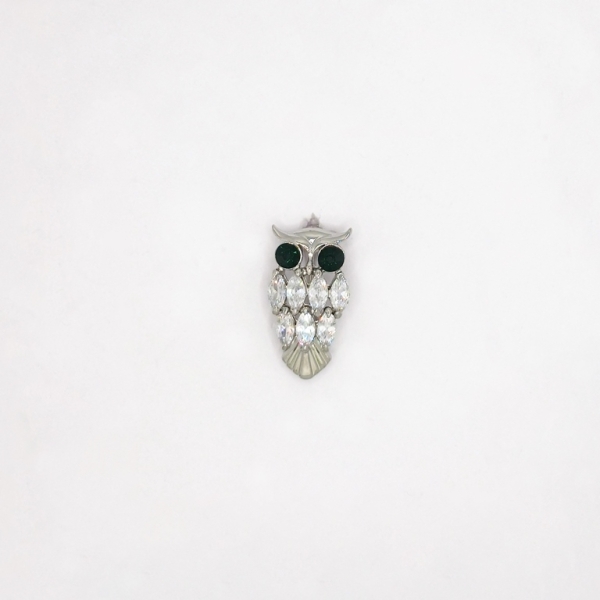 JEWELRY - BROOCH - ZIRCON - OWL В132 - 1.3x2.3cm NICKEL WITH WHITE AND GREEN - PACKAGE 3pcs.