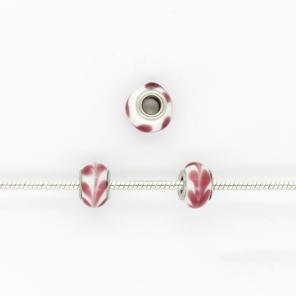 PANDORA TYPE BEADS - GLASS - CIRCLE - 14x9mm WHITE-PINK (DARK) 46 - 5pcs. Hole-5.0mm