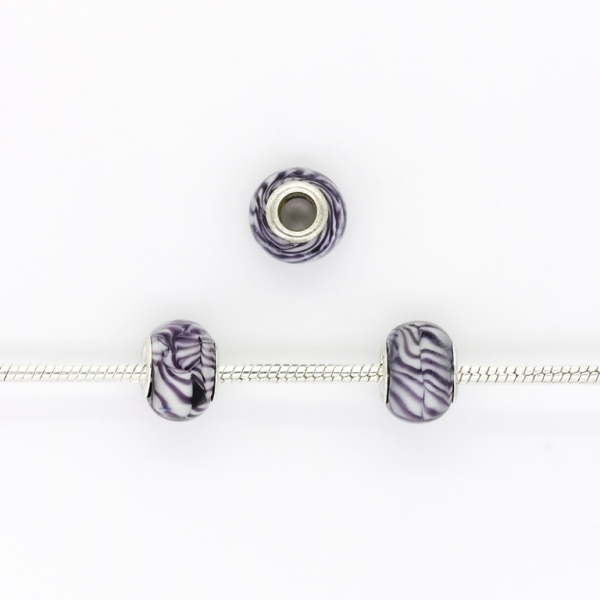 PANDORA TYPE BEADS - GLASS - CIRCLE - 14x10mm WHITE-PURPLE 40 - 5pcs. Hole-5.0mm