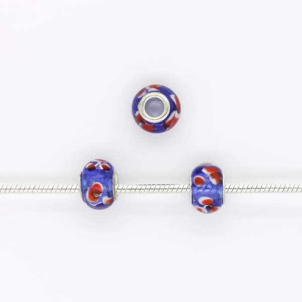 PANDORA TYPE BEADS - GLASS - CIRCLE - 14x10mm BLUE (DARK)-RED-WHITE 42 - 5pcs. Hole-5.0mm