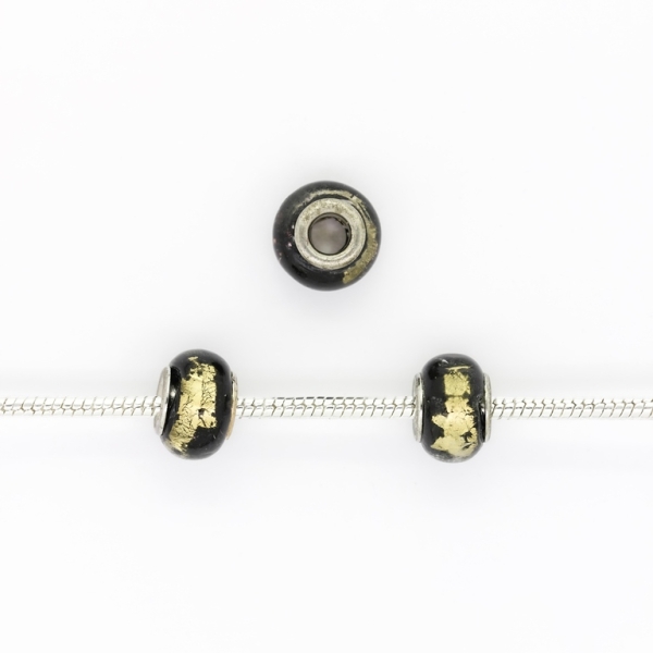 PANDORA TYPE BEADS - GLASS - CIRCLE - 14x10mm BLACK-GOLD 25 - 5pcs. Hole-5.0mm