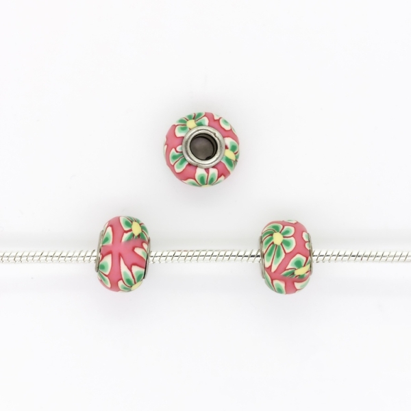 PANDORA TYPE BEADS - FIMO - CIRCLE - FLOWER 01 - 16x10mm PINK (DARK)-YELLOW-GREEN (DARK)-GREEN (LIGHT)-ECRU - 5pcs. Hole-5.0mm