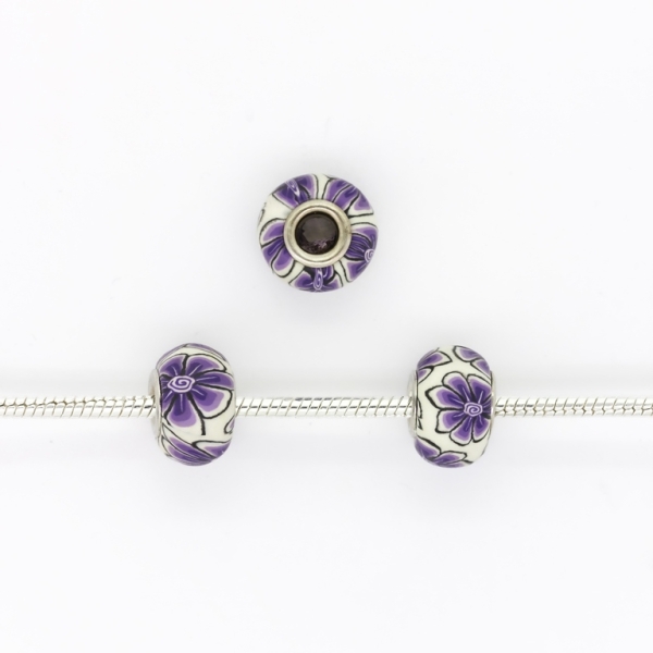 PANDORA TYPE BEADS - FIMO - CIRCLE - FLOWER 02 - 16x10mm ECRU-PURPLE (DARK)-PURPLE-PURPLE (LIGHT)-BLACK - 5pcs. Hole-5.0mm