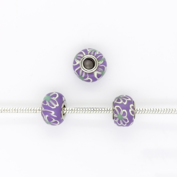 PANDORA TYPE BEADS - FIMO - CIRCLE - FLOWER 03 - 16x10mm PURPLE-TURQUOISE-ECRU - 5pcs. Hole-5.0mm