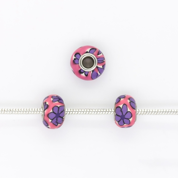 PANDORA TYPE BEADS - FIMO - CIRCLE - FLOWER 04 - 16x10mm PINK ELECTRICAL-WHITE-PURPLE-BLACK - 5pcs. Hole-5.0mm