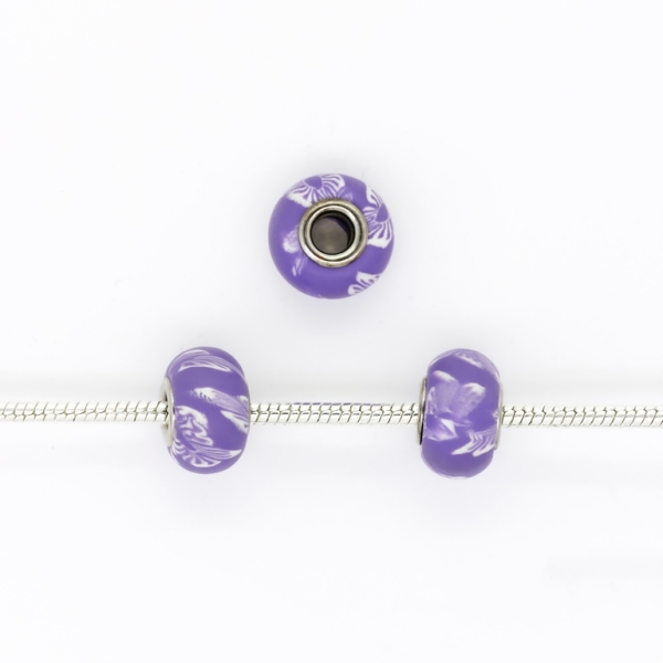 PANDORA TYPE BEADS - FIMO - CIRCLE - FLOWER 05 - 16x10mm PURPLE-WHITE - 5pcs. Hole-5.0mm