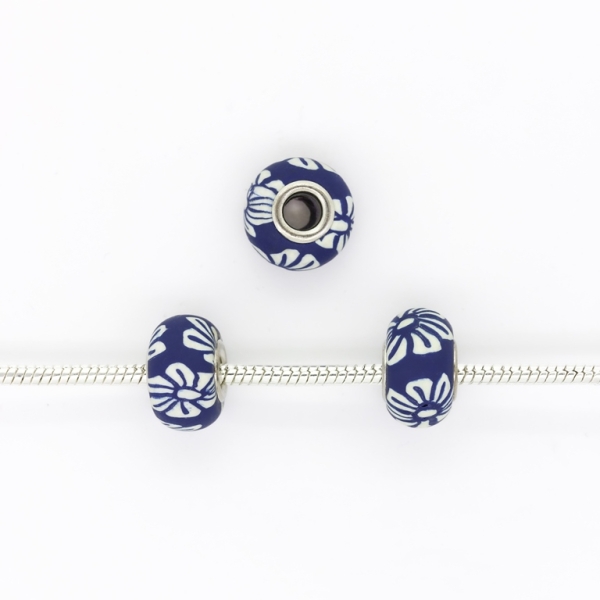 PANDORA TYPE BEADS - FIMO - CIRCLE - FLOWER 06 - 16x10mm BLUE (DARK)-ECRU - 5pcs. Hole-5.0mm