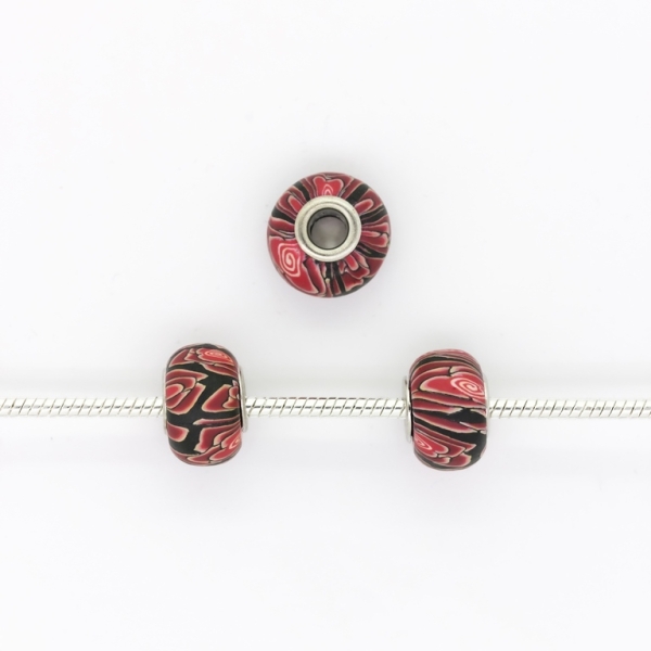 PANDORA TYPE BEADS - FIMO - CIRCLE - FLOWER 07 - 16x10mm BLACK-RED (DARK)-RED (LIGHT)-ECRU - 5pcs. Hole-5.0mm