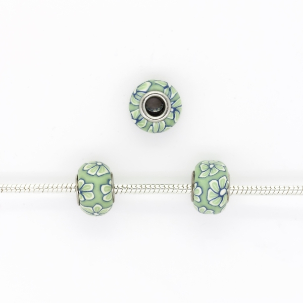 PANDORA TYPE BEADS - FIMO - CIRCLE - FLOWER 08 - 16x10mm GREEN (LIGHT)-WHITE-BLUE (DARK) - 5pcs. Hole-5.0mm