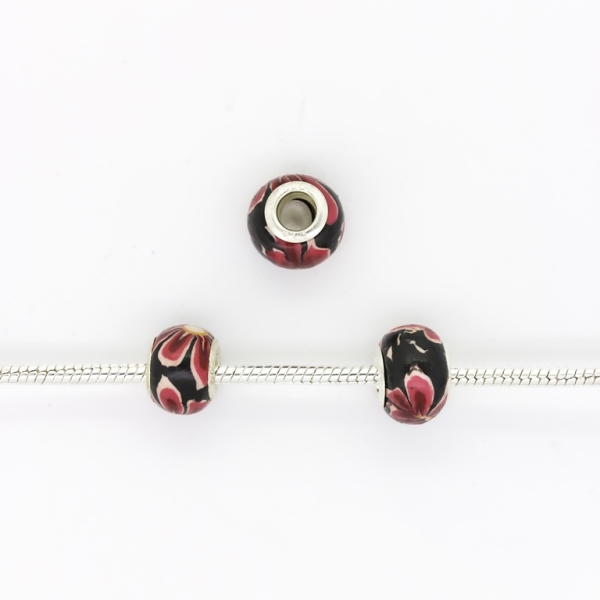 PANDORA TYPE BEADS - FIMO - CIRCLE - FLOWER 10 - 14x10mm BLACK-PINK (LIGHT)-RED (DARK)-RED-YELLOW - 5pcs. Hole-5.0mm