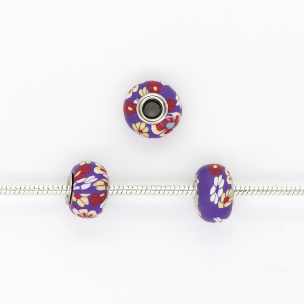 PANDORA TYPE BEADS - FIMO - CIRCLE - FLOWER 01 - 16x10mm PURPLE-RED-YELLOW-WHITE-BLUE - 5pcs. Hole-5.0mm