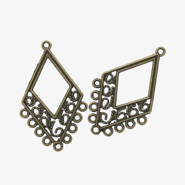 METAL ELEMENTS - CHANDELIER EARRINGS - DIAMOND WITH MULTI CONNECTOR - 25x41x1.3mm ANTIQUE BRONZE - 4pcs. Hole-1.8mm