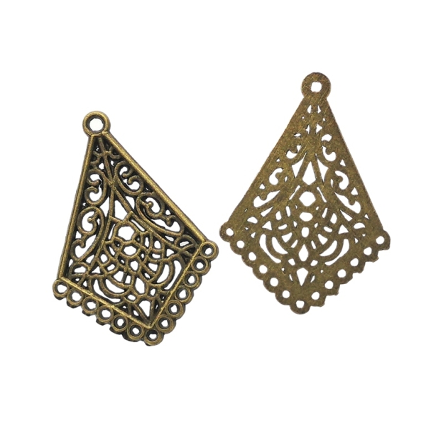 METAL ELEMENTS - CHANDELIER EARRINGS - KITE WITH LACE AND WITH MULTI CONNECTOR - 24.5x35x1.1mm ANTIQUE BRONZE - 4pcs. Hole-1.9mm