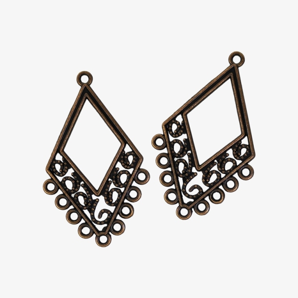 METAL ELEMENTS - CHANDELIER EARRINGS - DIAMOND WITH MULTI CONNECTOR - 25x41x1.3mm ANTIQUE BRASS - 4pcs. Hole-1.8mm