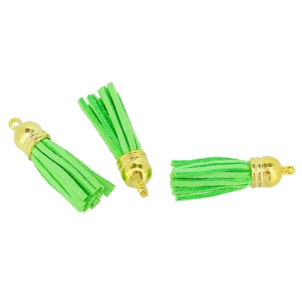 TEXTILE BEADS - TASSEL VELOUR - 4cm GREEN (LIGHT) AND GOLD - 4pcs. Hole:2.5mm