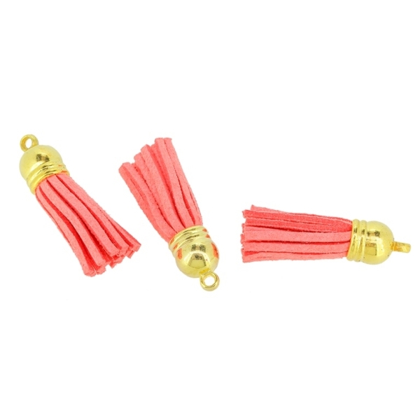 TEXTILE BEADS - TASSEL VELOUR - 4cm CORAL ORANGE AND GOLDEN - 4pcs. Hole:2.5mm