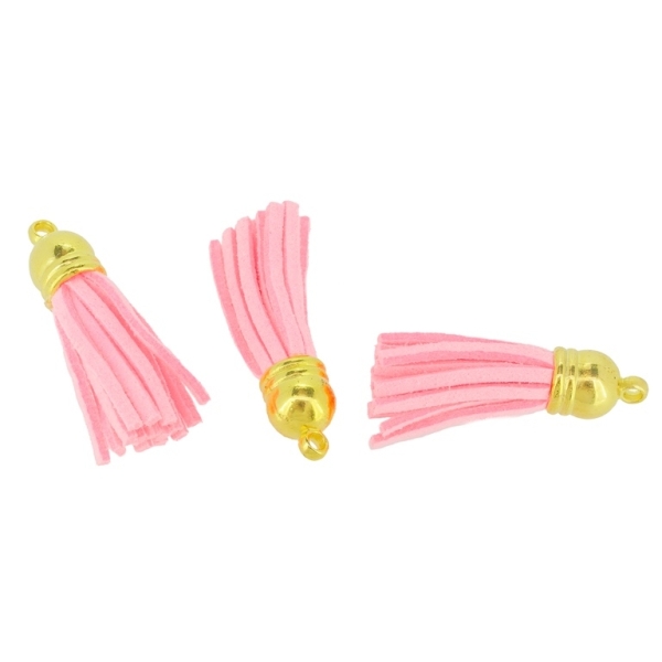 TEXTILE BEADS - TASSEL VELOUR - 4cm PINK AND GOLD - 4pcs. Hole:2.5mm