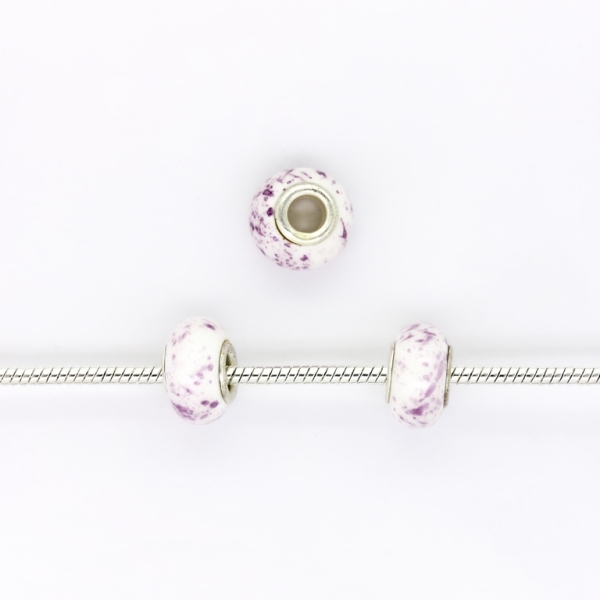 PANDORA TYPE BEADS - CERAMIC - CIRCLE - 15x9mm WHITE-PURPLE (LIGHT) 13 - PACKAGE 50pcs. Hole-5.0mm