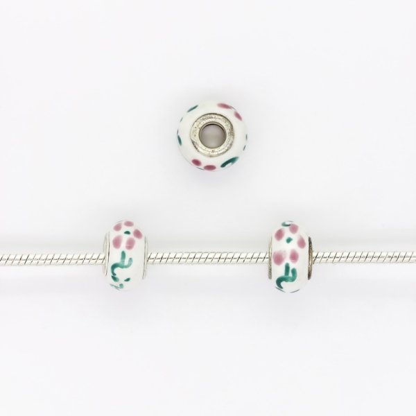 PANDORA TYPE BEADS - CERAMIC - CIRCLE - FLOWER 04 - 14x9mm WHITE-PINK (DARK)-GREEN (DARK) 43 - 5pcs. Hole-5.0mm