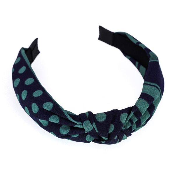 JEWELRY - ACCESSORY FOR HAIR - TIARA TEXTILE WITH KNOT D025 - DOTS-STRIPES 01 - GREEN (DARK)-BLACK - PACKAGE 6pcs.