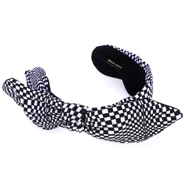 JEWELRY - ACCESSORY FOR HAIR - TIARA TEXTILE WITH KNOT D028 - CHECKER 01 - BLACK-WHITE - PACKAGE 6pcs.