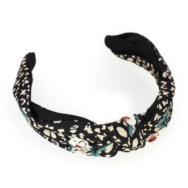 JEWELRY - ACCESSORY FOR HAIR - TIARA TEXTILE WITH KNOT D026 - LEOPARD PRINT 01 - BLACK-WHITE-RED - 1pc.