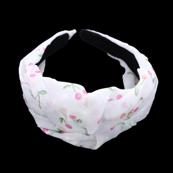 JEWELRY - ACCESSORY FOR HAIR - TIARA TEXTILE WITH KNOT D026 - CHERRIES 01 - WHITE-PINK (DARK)-GREEN - 1pc.