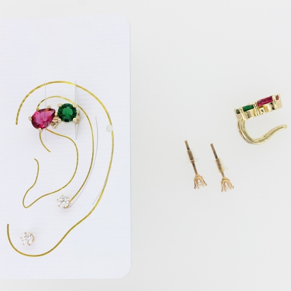 JEWELRY - EAR CUFF - ZIRCON Е329 - GOLD-CYCLAMEN (DARK)-GREEN (DARK) - 1 pair