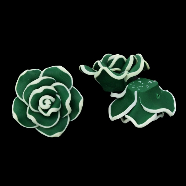 POLYMER CLAY FIMO BEADS - ROSE 02 EDGE - 30x16mm GREEN (DARK) - WHITE 87 - PACKAGE 70pcs. Hole-2.0mm