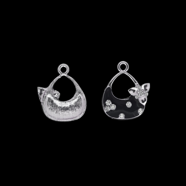 METAL BEADS WITH ENAMEL AND CRYSTALS - UV - PENDANT - HANDBAG 01 - 19x24x3mm SILVER AND BLACK - PACKAGE 30pcs. Hole-2.2mm