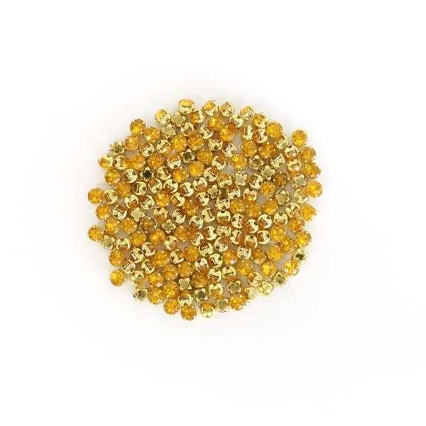 BEADS FOR SEWING - ACRYLIC CRYSTALS WITH METAL BASE - CIRCLE 4x3.2mm - YELLOW (DARK) AND GOLD (DARK) - PACKAGE 100g (2050pcs.)