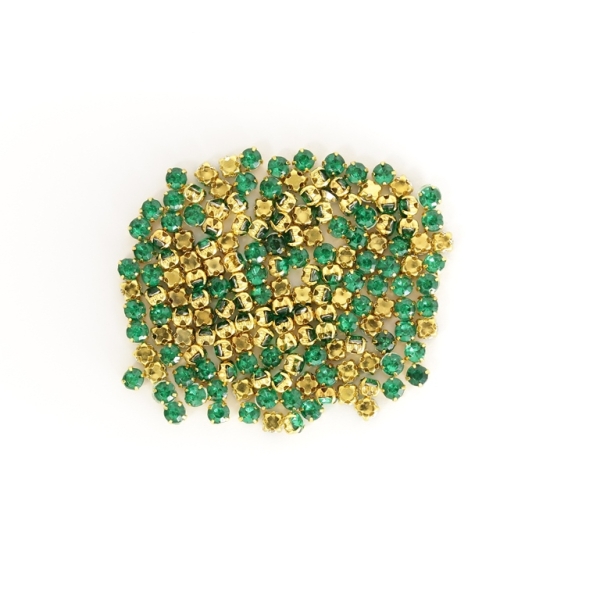 BEADS FOR SEWING - ACRYLIC CRYSTALS WITH METAL BASE - CIRCLE 4x3.2mm - GREEN (DARK) AND GOLD (DARK) - PACKAGE 100g (1725pcs.)