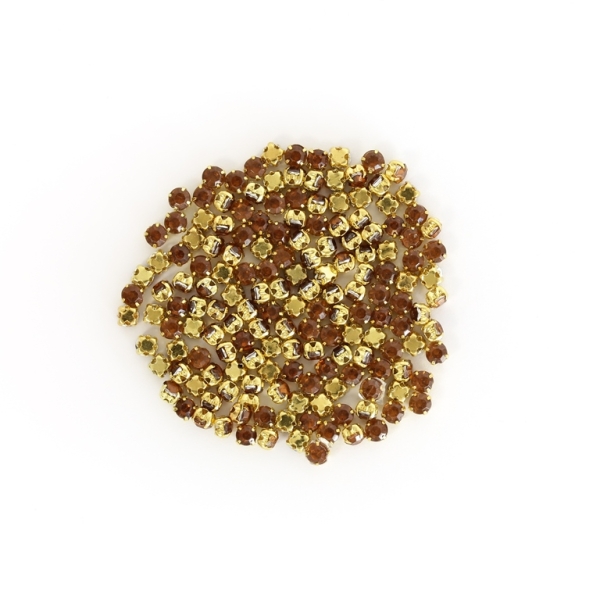 BEADS FOR SEWING - ACRYLIC CRYSTALS WITH METAL BASE - CIRCLE 4x3.2mm - AMBER (DARK) AND GOLD (DARK) - PACKAGE 100g (1900pcs.)