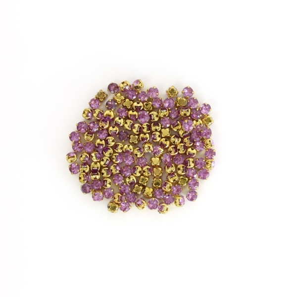 BEADS FOR SEWING - ACRYLIC CRYSTALS WITH METAL BASE - CIRCLE 4x3.2mm - PURPLE (LIGHT) AND GOLD  - PACKAGE 100g (2045pcs.)