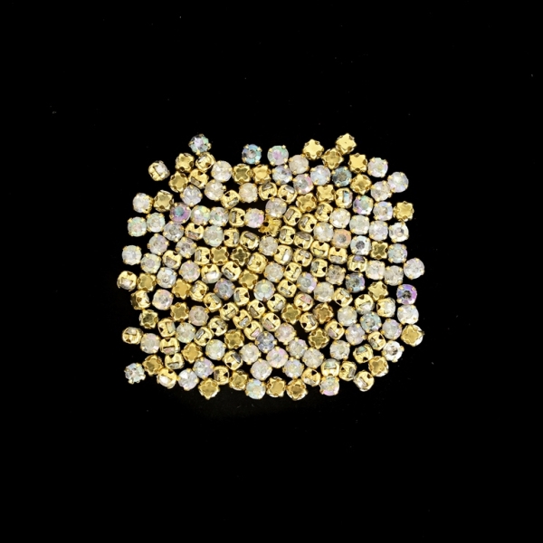 BEADS FOR SEWING - ACRYLIC CRYSTALS WITH METAL BASE - CIRCLE 4x3.2mm - TRANSPARENT (АВ) AND GOLD - PACKAGE 100g (2050pcs.)