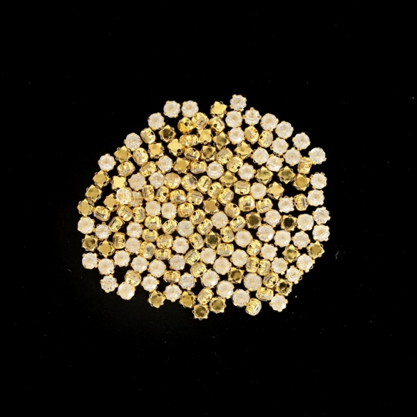 BEADS FOR SEWING - ACRYLIC CRYSTALS WITH METAL BASE - CIRCLE 4x3.2mm - TRANSPARENT AND GOLD (DARK) - PACKAGE 100g (1725pcs.)