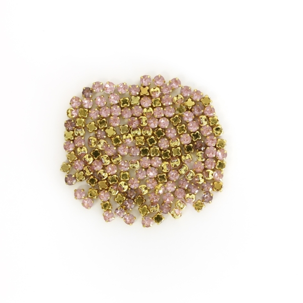 BEADS FOR SEWING - ACRYLIC CRYSTALS WITH METAL BASE - CIRCLE 4x3.2mm - PINK (LIGHT) AND GOLD  - PACKAGE 100g (2080pcs.)