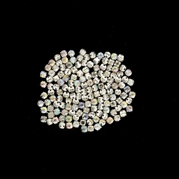 BEADS FOR SEWING - ACRYLIC CRYSTALS WITH METAL BASE - CIRCLE 4x4mm - TRANSPARENT (АВ) AND SILVER - PACKAGE 100g (1800pcs.)