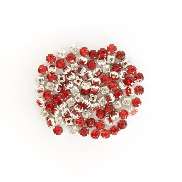 BEADS FOR SEWING - ACRYLIC CRYSTALS WITH METAL BASE - CIRCLE 6x4.4mm - RED AND SILVER - PACKAGE 100g (900pcs.)